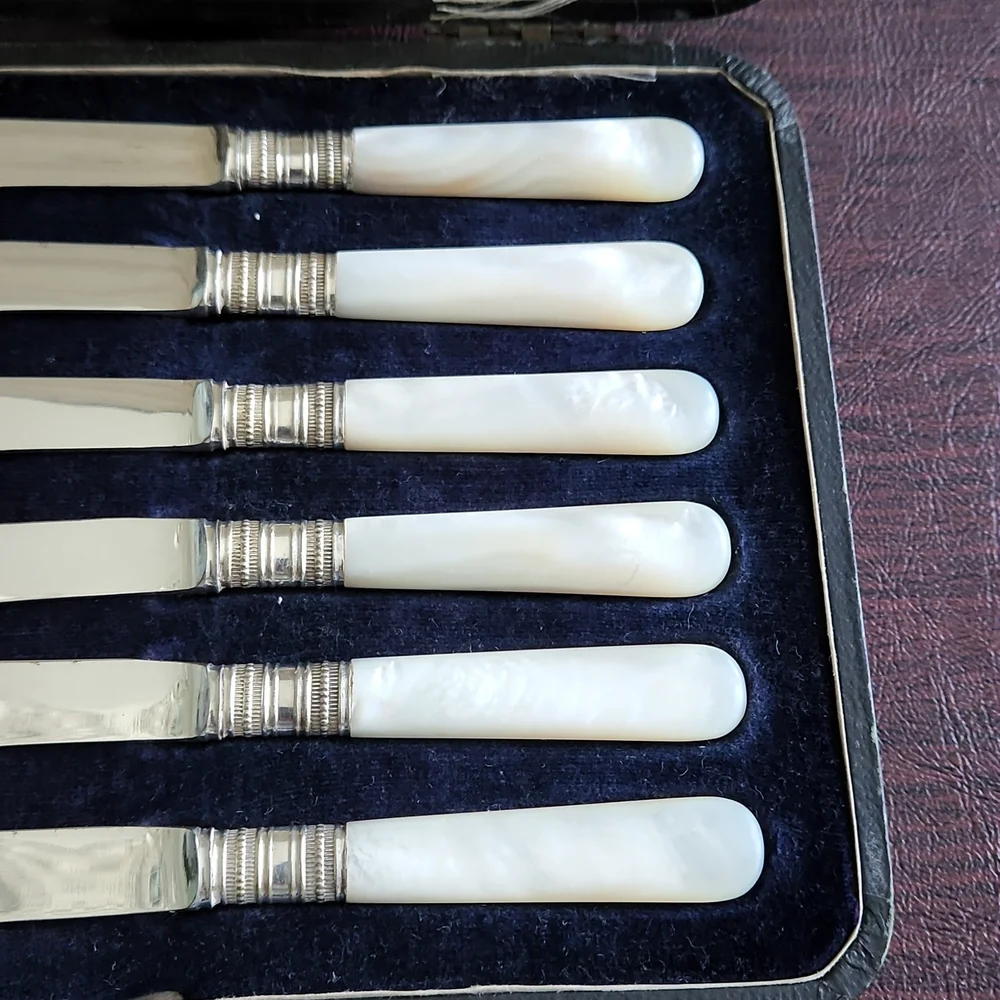 Vintage Set of 6 Silver Plate Mother of Pearl Handled butter knives